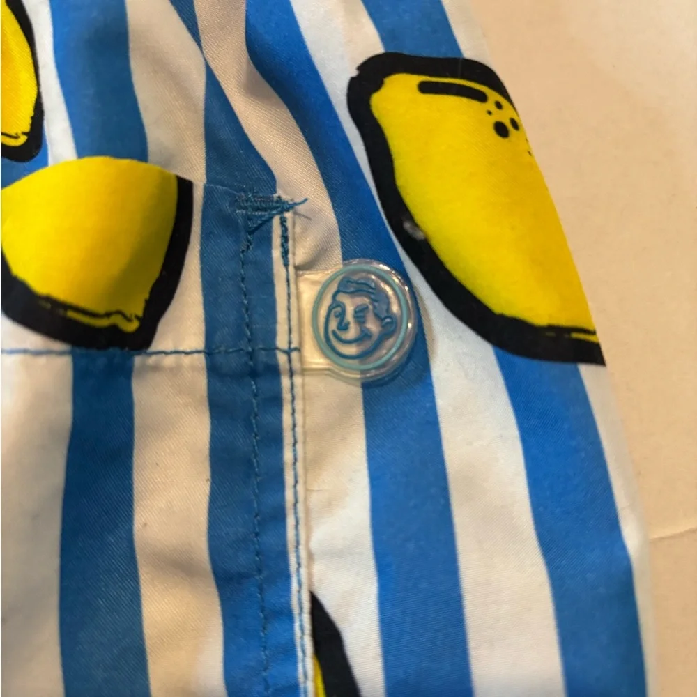 Men's Mr.‎ Swim blue white stripe Lemons swim suit. SZ L. Lined drawstring beach